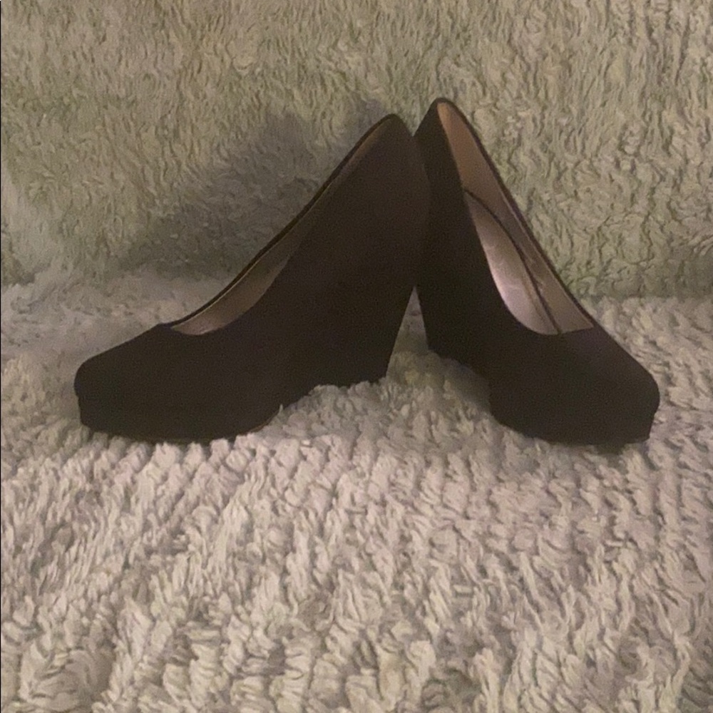 Black suede wedge heels